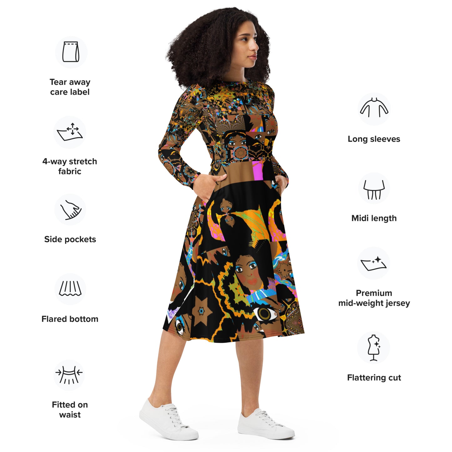 All-over print long sleeve midi dress