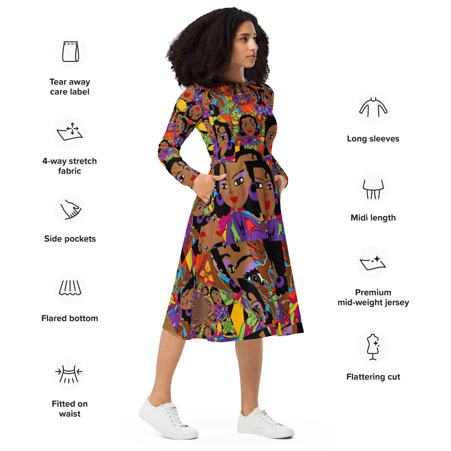 All-over print long sleeve midi dress