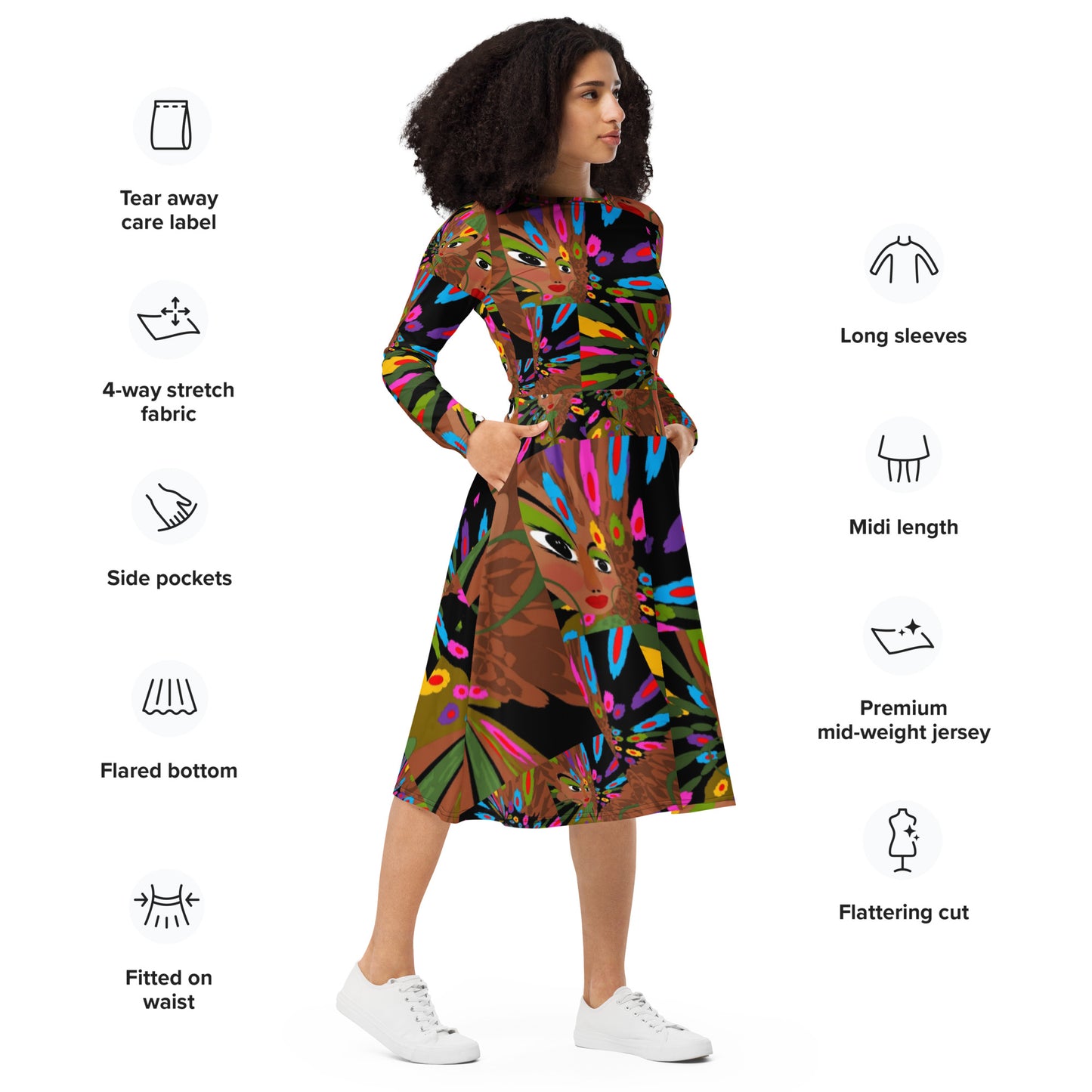 All-over print long sleeve midi dress