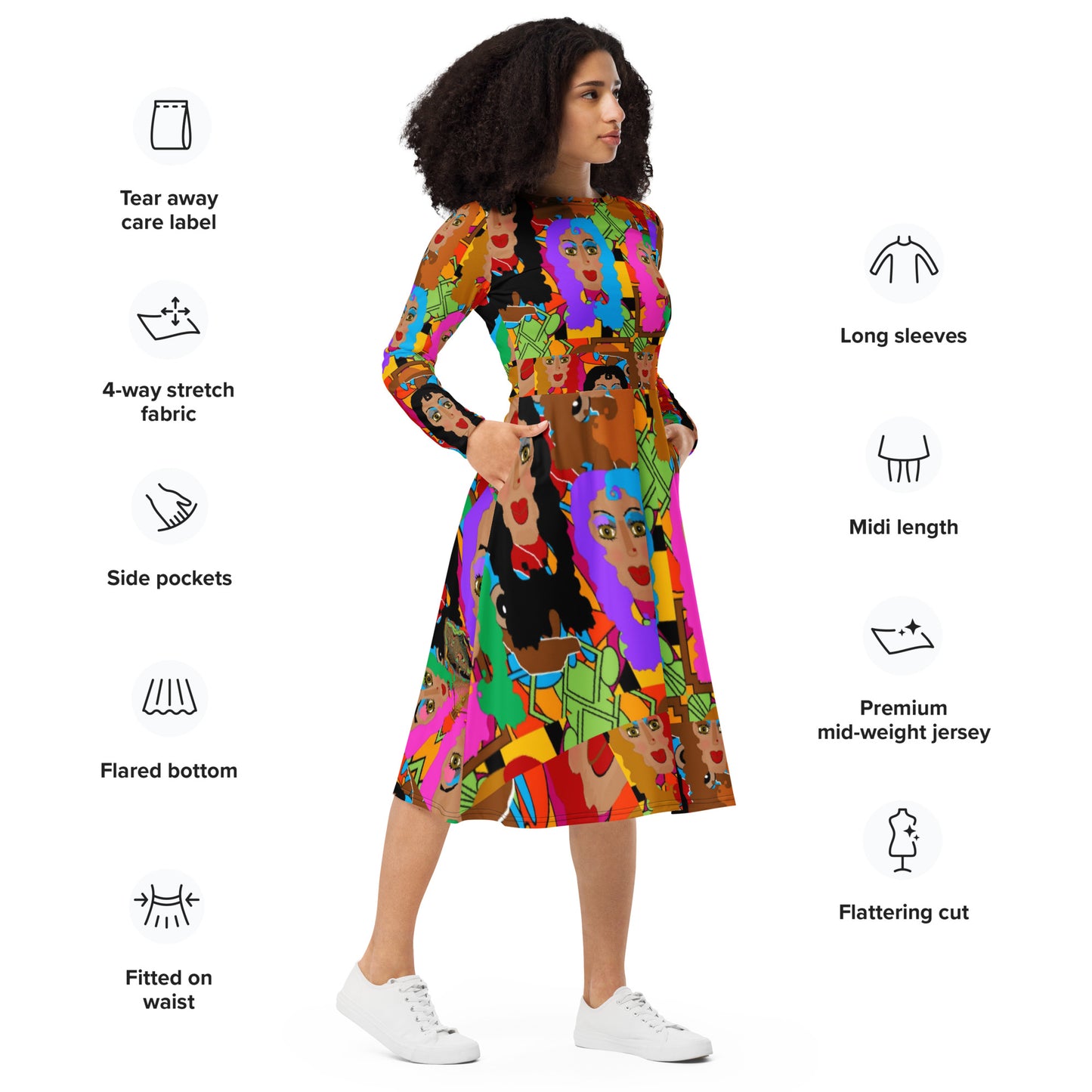 All-over print long sleeve midi dress