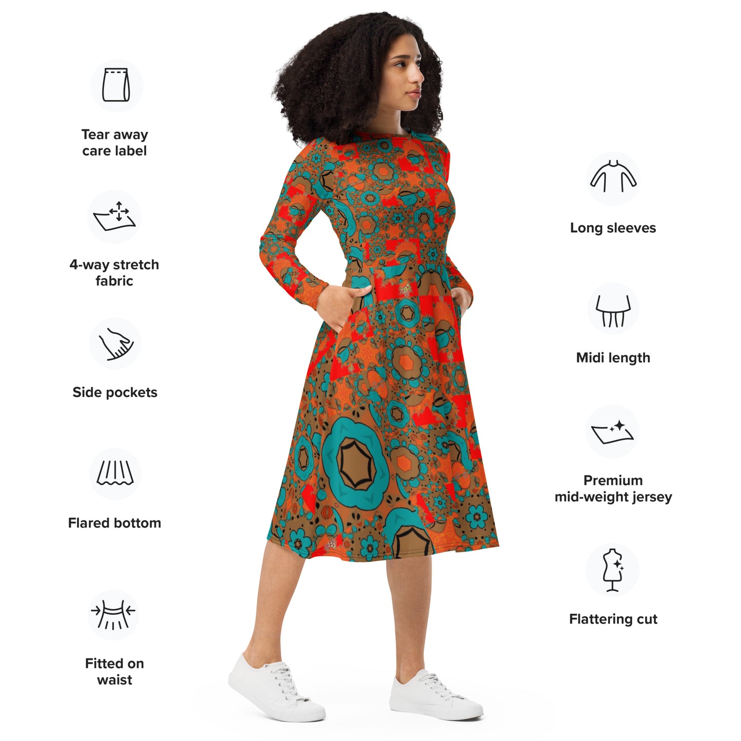 All-over print long sleeve midi dress