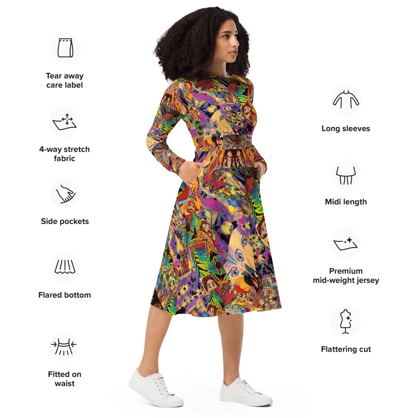 All-over print long sleeve midi dress