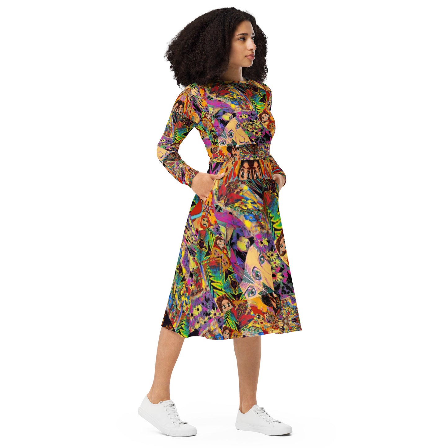 All-over print long sleeve midi dress