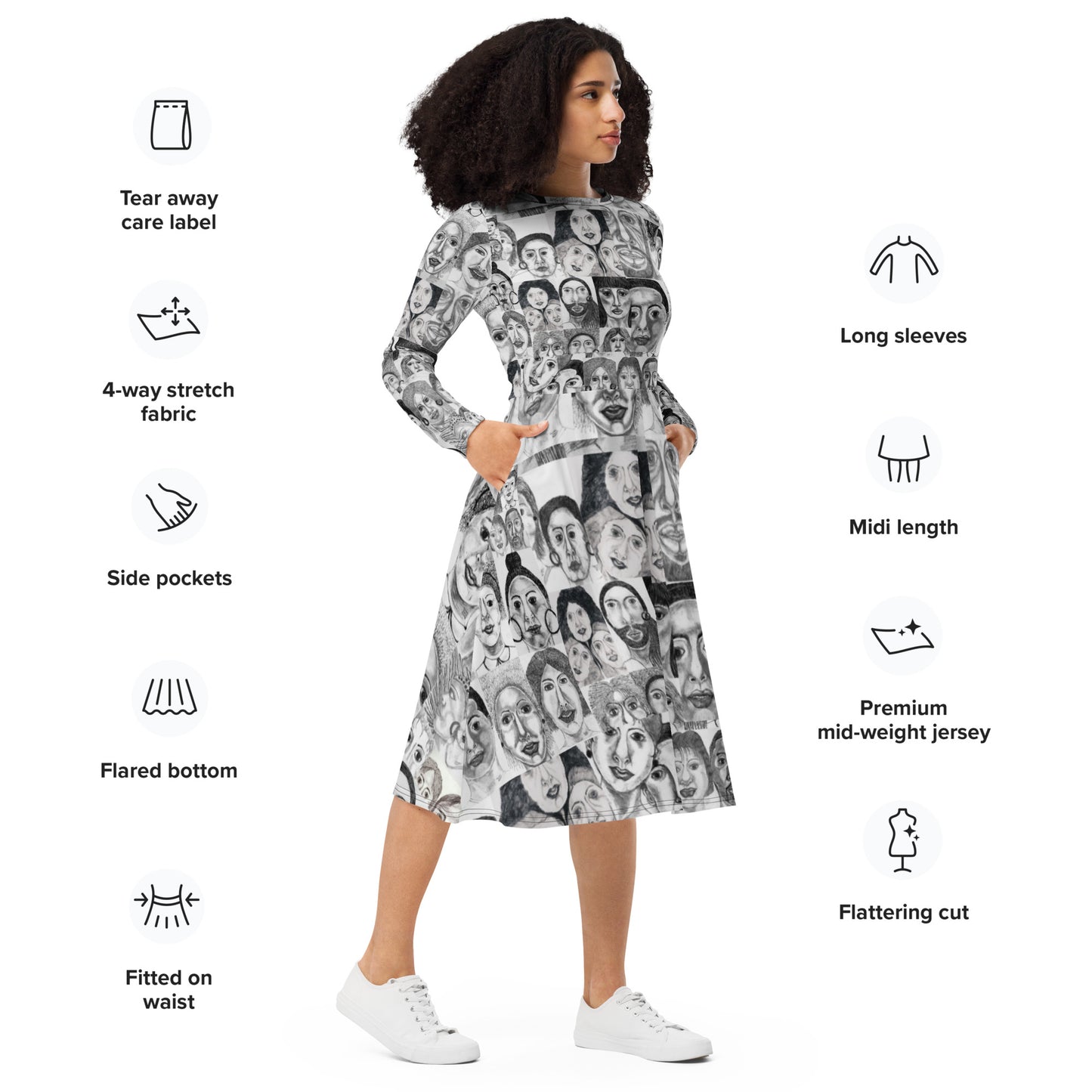 All-over print long sleeve midi dress