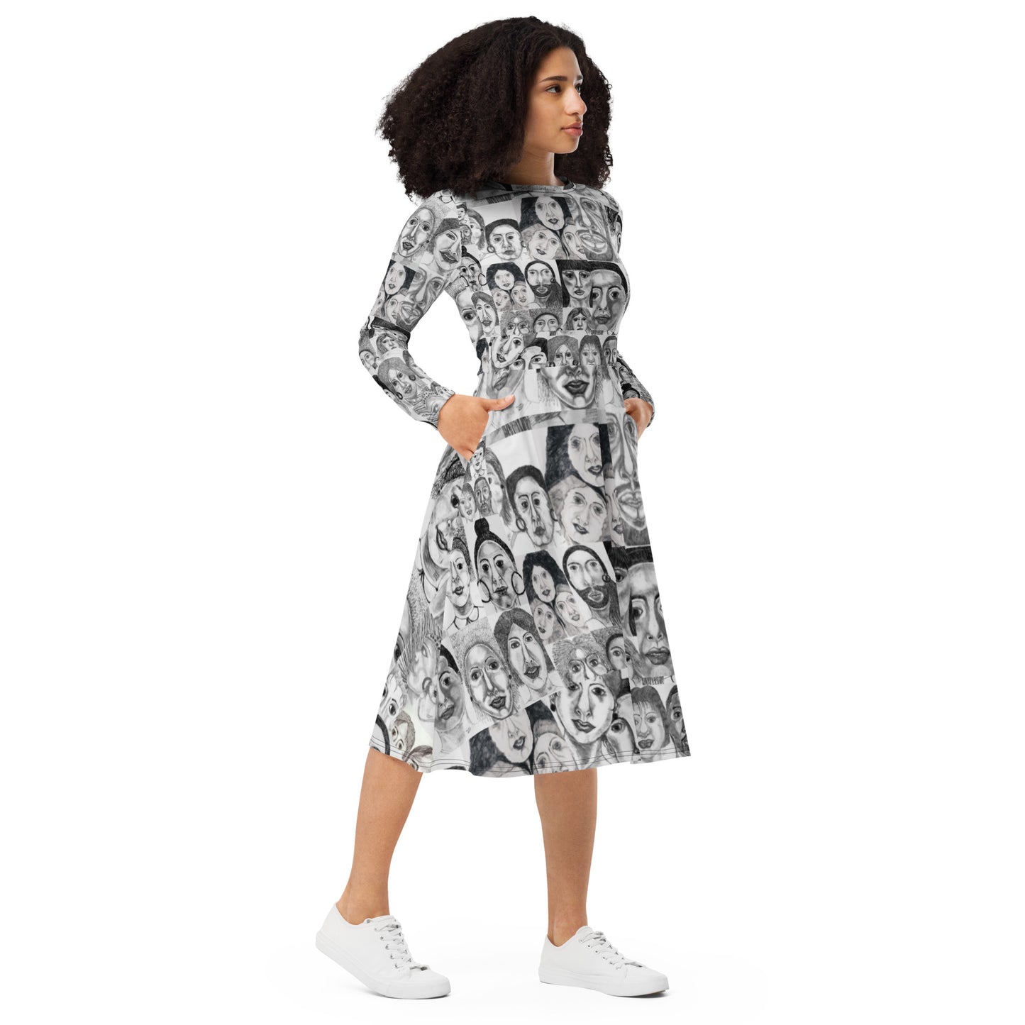 All-over print long sleeve midi dress